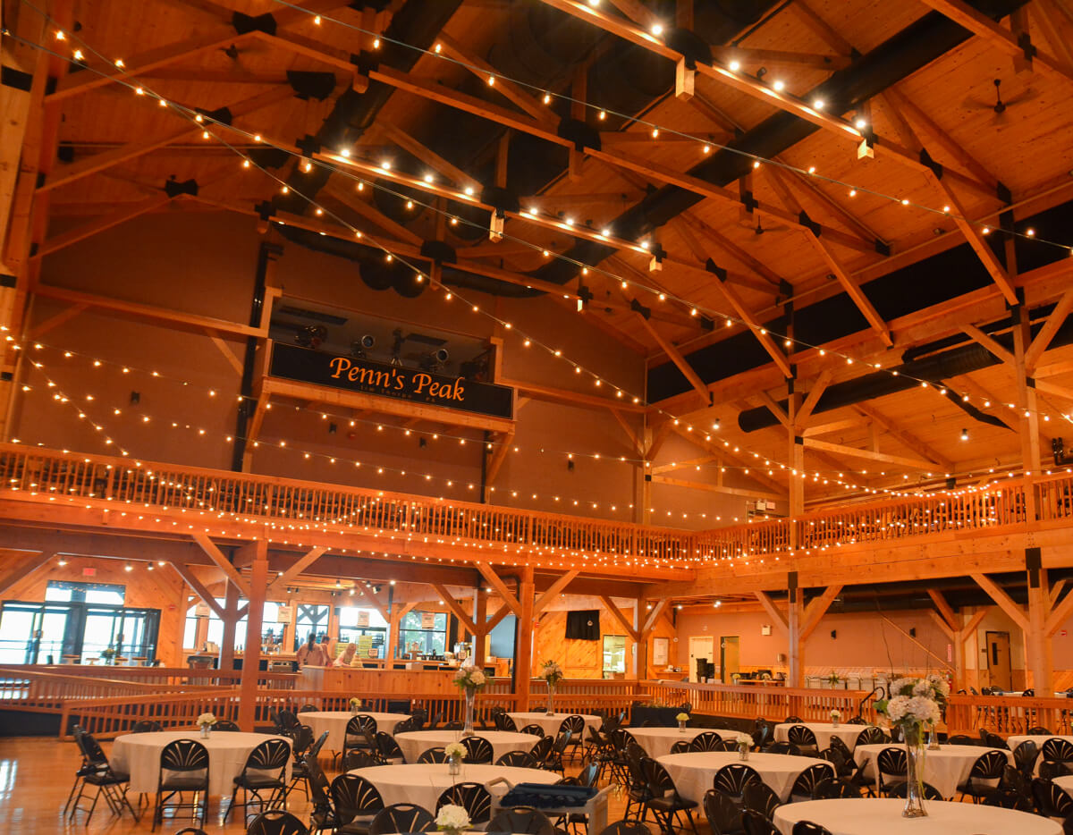 Inside Penn's Peak with banquet tables set up. 